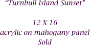 “Turnbull Island Sunset”

12 X 16
acrylic on mahogany panel
Sold